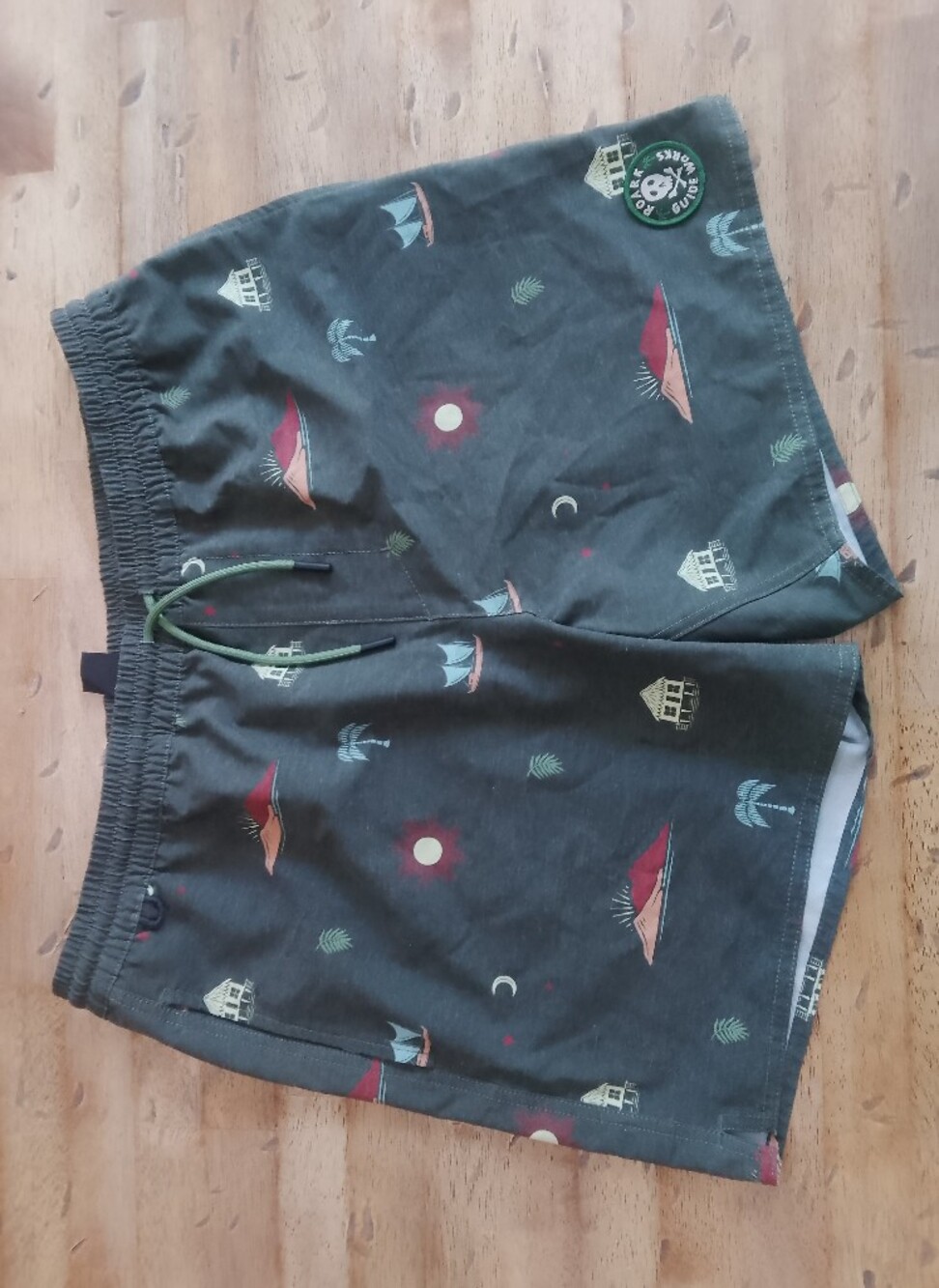 Roark Olive Green Printed Athletic Swim Shorts with Red Accents Large